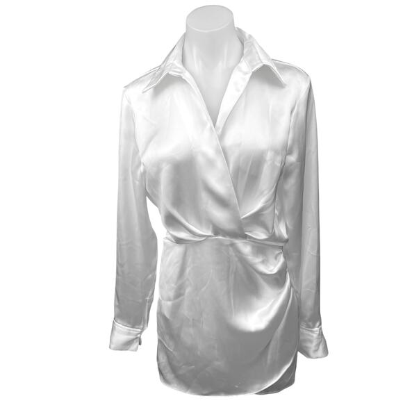 Zara White Silk Satin Long Sleeve Faux Wrap Collared Blouson Mini Dress Size XS - Picture 1 of 5